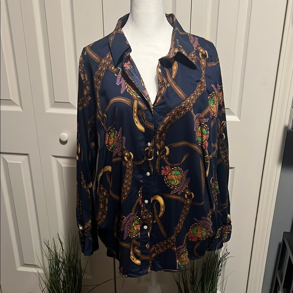 Elegant Navy Chain Print Women's Top